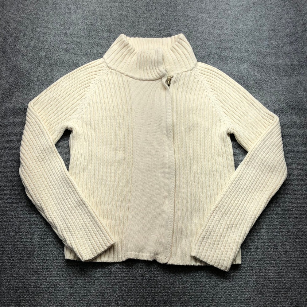 Lauren Ralph Lauren Jeans Co Cream Ribbed Cotton Zip Snap Cardigan Sweater L